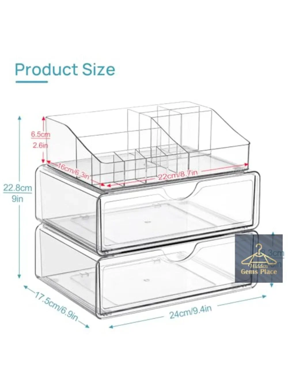 3-Tier Clear Makeup Organizer with 2 Drawers, Stackable, Large Capacity for